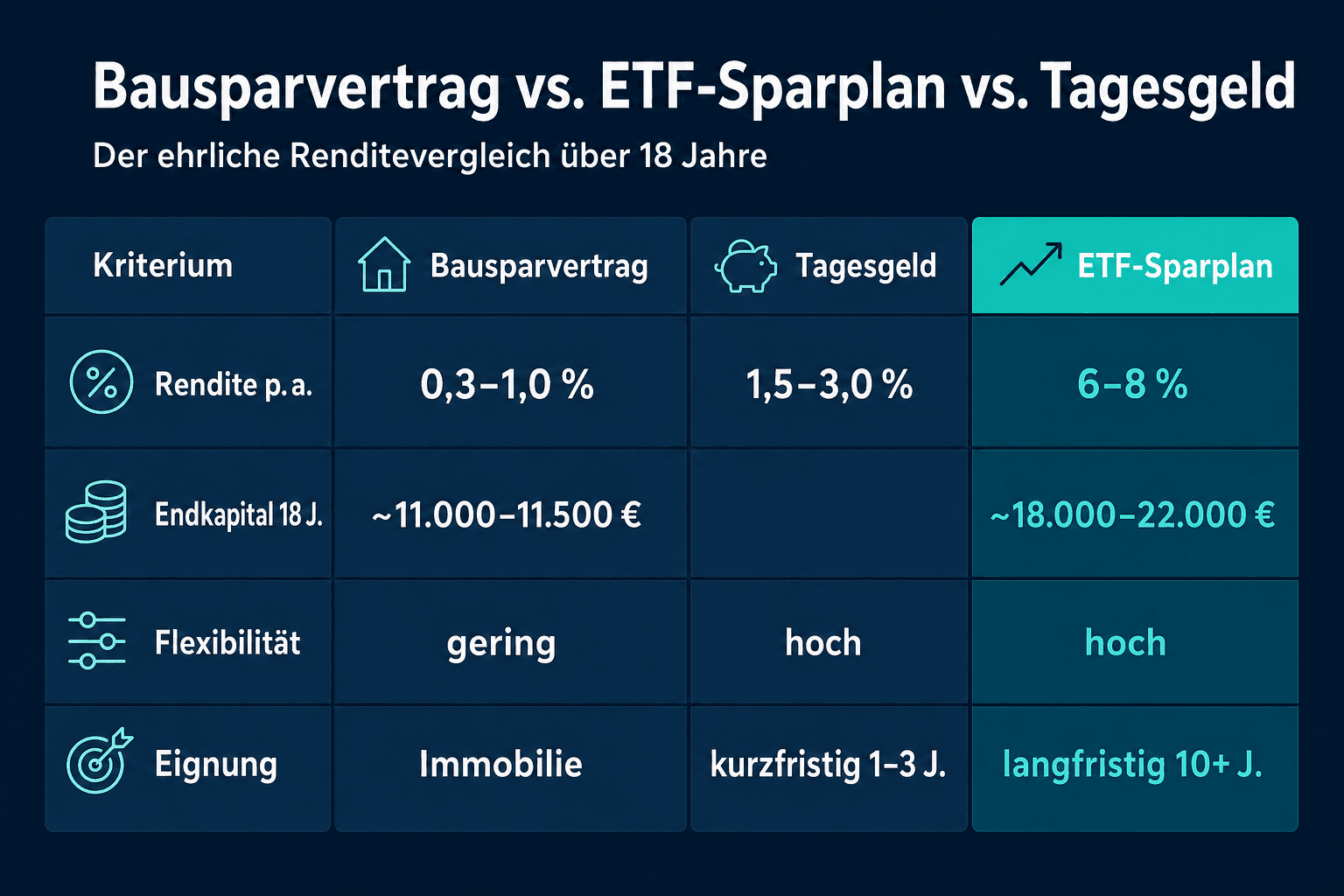 Infografik: Bausparvertrag vs. ETF-Sparplan vs. Tagesgeld – der ehrliche Renditevergleich Kriterium: Erwartete Rendite p. a. | Bausp...