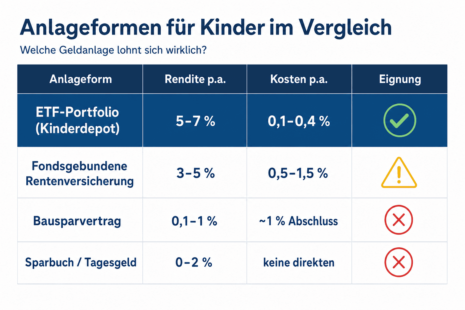 Infografik: Welche Anlageformen eignen sich wirklich? Anlageform: ETF-Portfolio (Kinderdepot) | Erwartbare Rendite p.a.: 5–7 % | Eff...