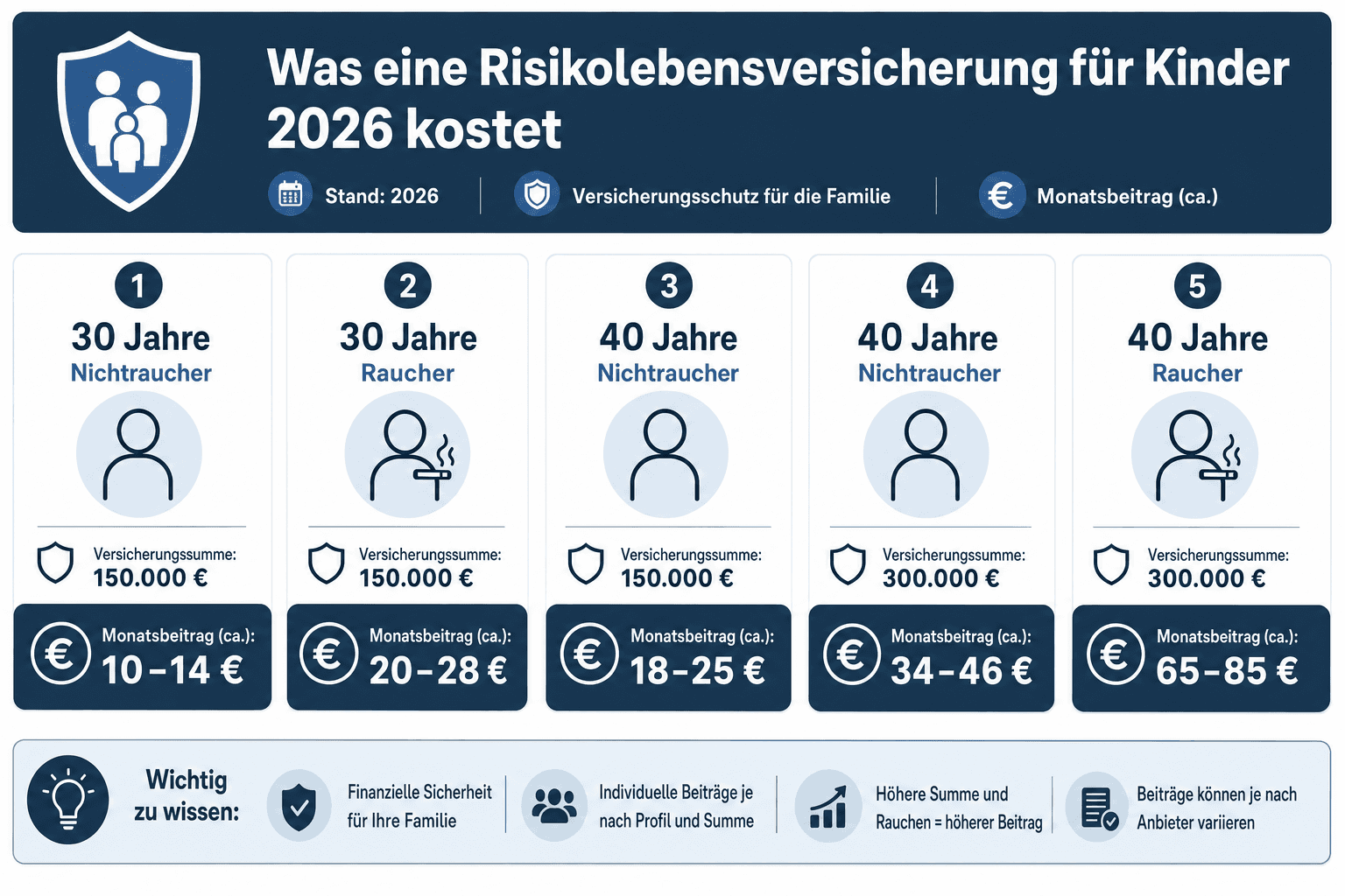 Infografik: Was eine Risikolebensversicherung für Kinder 2026 kostet Profil: 30 Jahre, Nichtraucher | Versicherungssumme: 150.000 €...