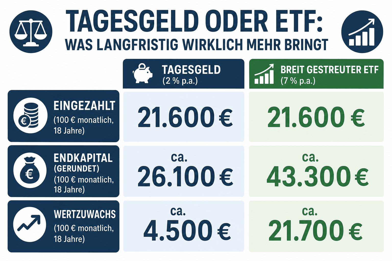 Infografik: Tagesgeld oder ETF: Was langfristig wirklich mehr bringt Annahme (100 € monatlich, 18 Jahre): Eingezahlt | Tagesgeld (2...