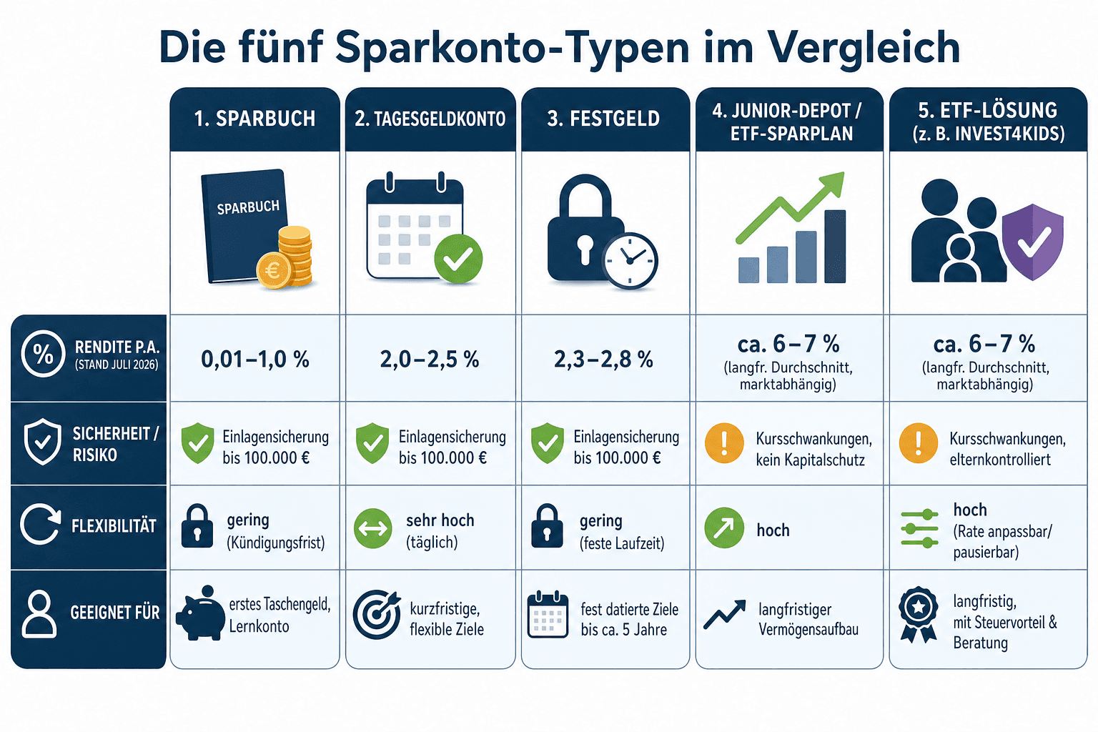 Infografik: Die fünf Sparkonto-Typen im Kinder-Sparkonto-Vergleich Anlageform: Sparbuch | Rendite p.a. (Stand Juli 2026): 0,01–1,0 %...
