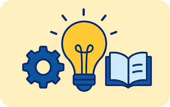 Grafik mit Zahnrädern, Buch und Glühbirne, stellvertretend für die Invest4Kids Mission Finanzwissen zu vermitteln