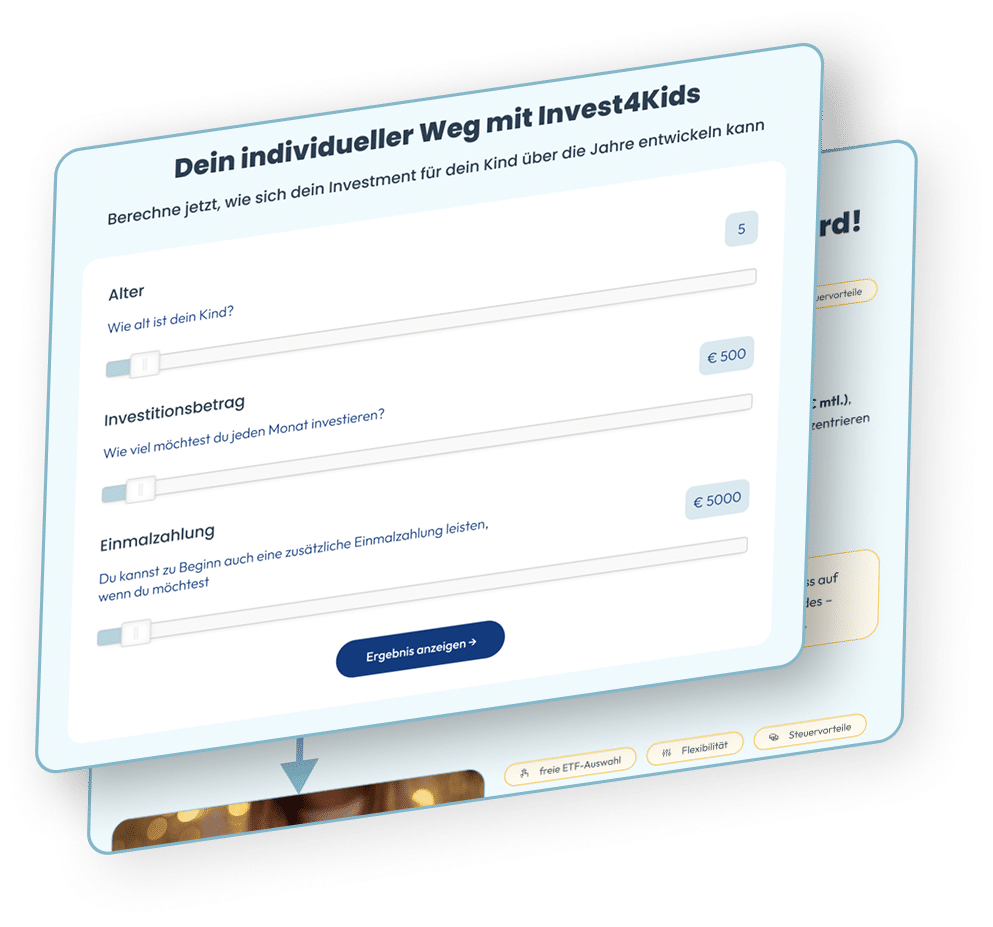 Interaktiver Rechner für Invest4Kids – Berechnung von Investment-Wachstum basierend auf Sparrate und Alter des Kindes.